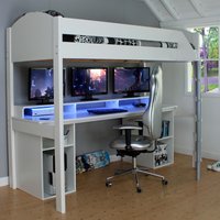 Noah - Single - Gaming High Sleeper Bed - Desk and Storage - White - Wooden - 3ft