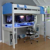Noah - Single - Gaming High Sleeper Bed - Desk and Storage - White and Blue - Wooden - 3ft