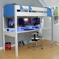 Noah - Single - Gaming High Sleeper Bed - Desk - White and Blue - Wooden - 3ft
