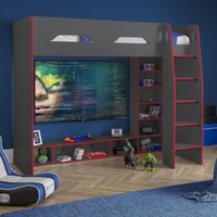 Galaxy - Single - Gaming High Sleeper Bed Frame - Grey and Red - Wooden - 3ft