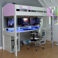 Noah - Single - Gaming High Sleeper Bed - Desk and Storage - White and Purple - Wooden - 3ft