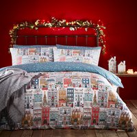 Festive Town Christmas Duvet Cover Set White, White / Super King