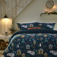 Winter Pines Pyjama Fleece Christmas Duvet Cover Set Navy, Navy / Super King