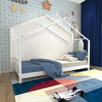 LivingandHome Living and Home Nordic Pine Wood House Single Bed Frame With Roof For Toddler Kids White