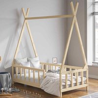 LivingandHome Living and Home Kids Premium Wood House Bed Frame With Fence Natural