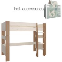Steens For Kids High Sleeper Incl. World Tent + Tunnel + 2. Pocket In Green + 1. Pocket In Red, White Washed Gray Brown Lacquered