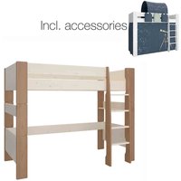 Steens For Kids High Sleeper Incl. Universe Tent + Tunnel + 2. Pocket In Green + 1. Pocket In Red, White Washed Gray Brown Lacquered
