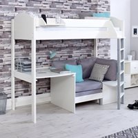 Noah Kids High Sleeper Bed in White with Desk and Sofa Bed - Lilac Details / Silver Sofa Bed