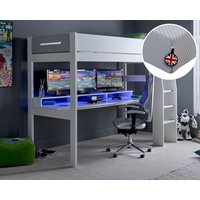 Urban/Sleeptight - European Single - Gaming High Sleeper Bed with Built-in Desk and Storage and Junior Reflex Foam and Ecofoam Mattress Included - Grey/White - Wooden/Fabric - 3ft - Happy Beds