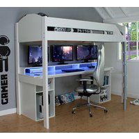 Noah - Single - Gaming High Sleeper Bed - Desk and Storage - White - Wooden - 3ft - Happy Beds