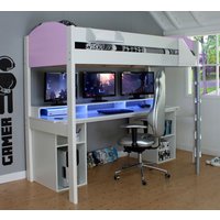 Noah - Single - Gaming High Sleeper Bed - Desk and Storage - White and Purple - Wooden - 3ft - Happy Beds