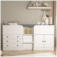 Very Home Peyton Kids Mid Sleeper Bed With Drawers, Cupboard And Mattress Options (Buy And Save!) - White/Grey - Cabin Bed With Premium Mattress