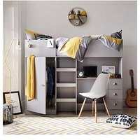 Very Home Atlanta High Sleeper With Desk, Drawers And Wardrobe With Mattress Options (Buy And Save!) - Grey - Bed Frame With Premium Mattress